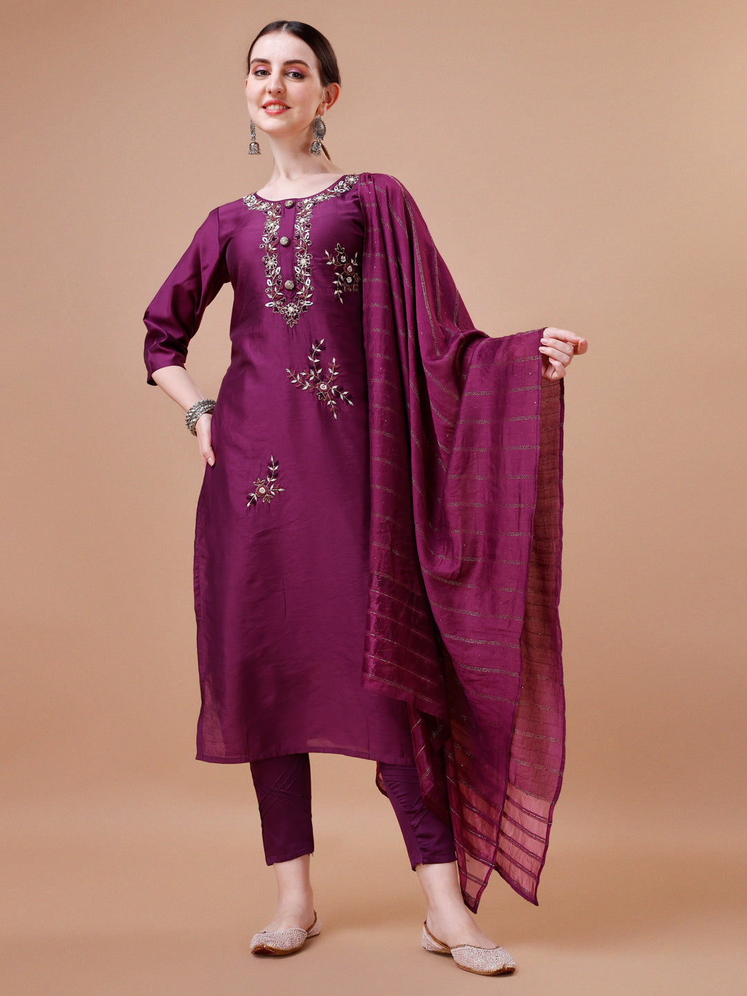 Placement Hand Embroidered Kurta With Pant & Dupatta Set, Multicolor - Hiral Fashion