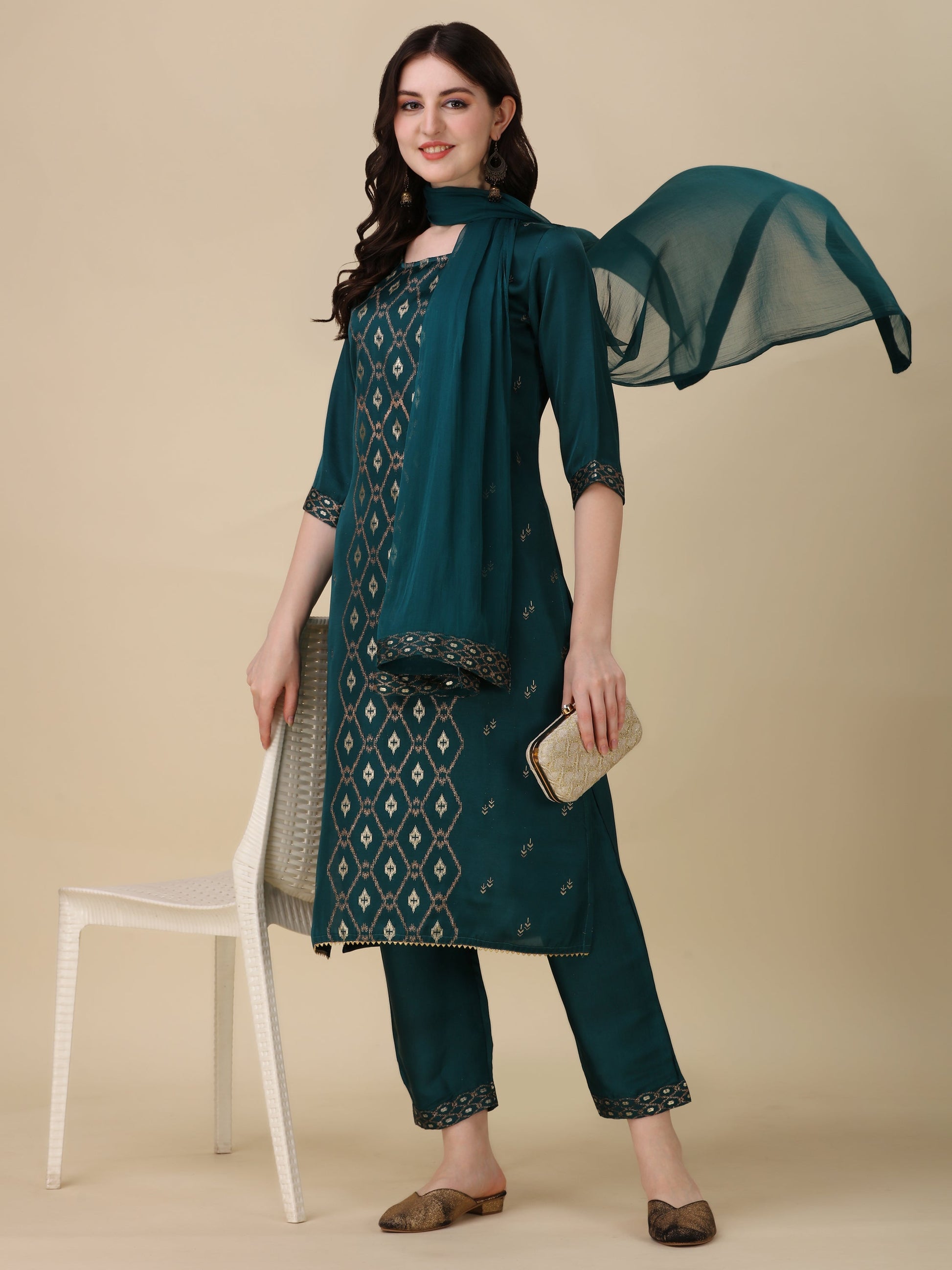 Foil Printed Kurta With Pant And Dupatta Set, Multicolor - Hiral Fashion