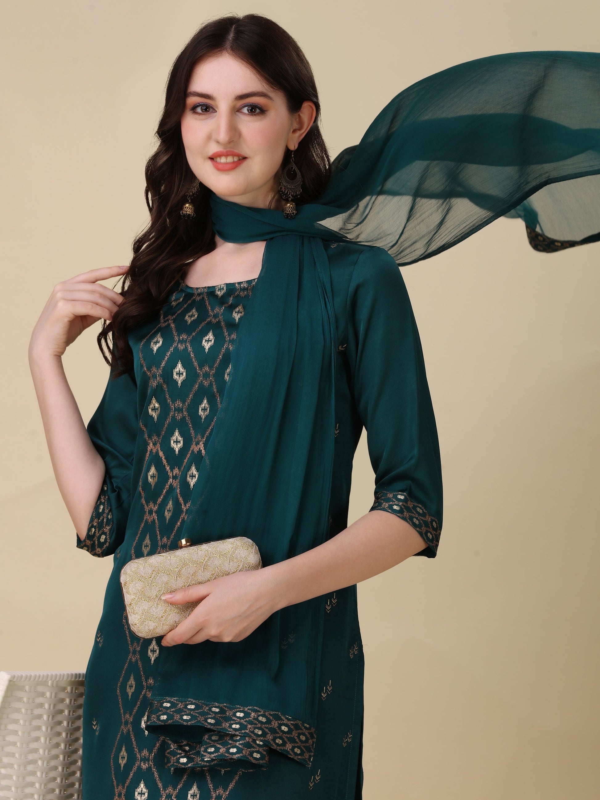 Foil Printed Kurta With Pant And Dupatta Set, Multicolor - Hiral Fashion