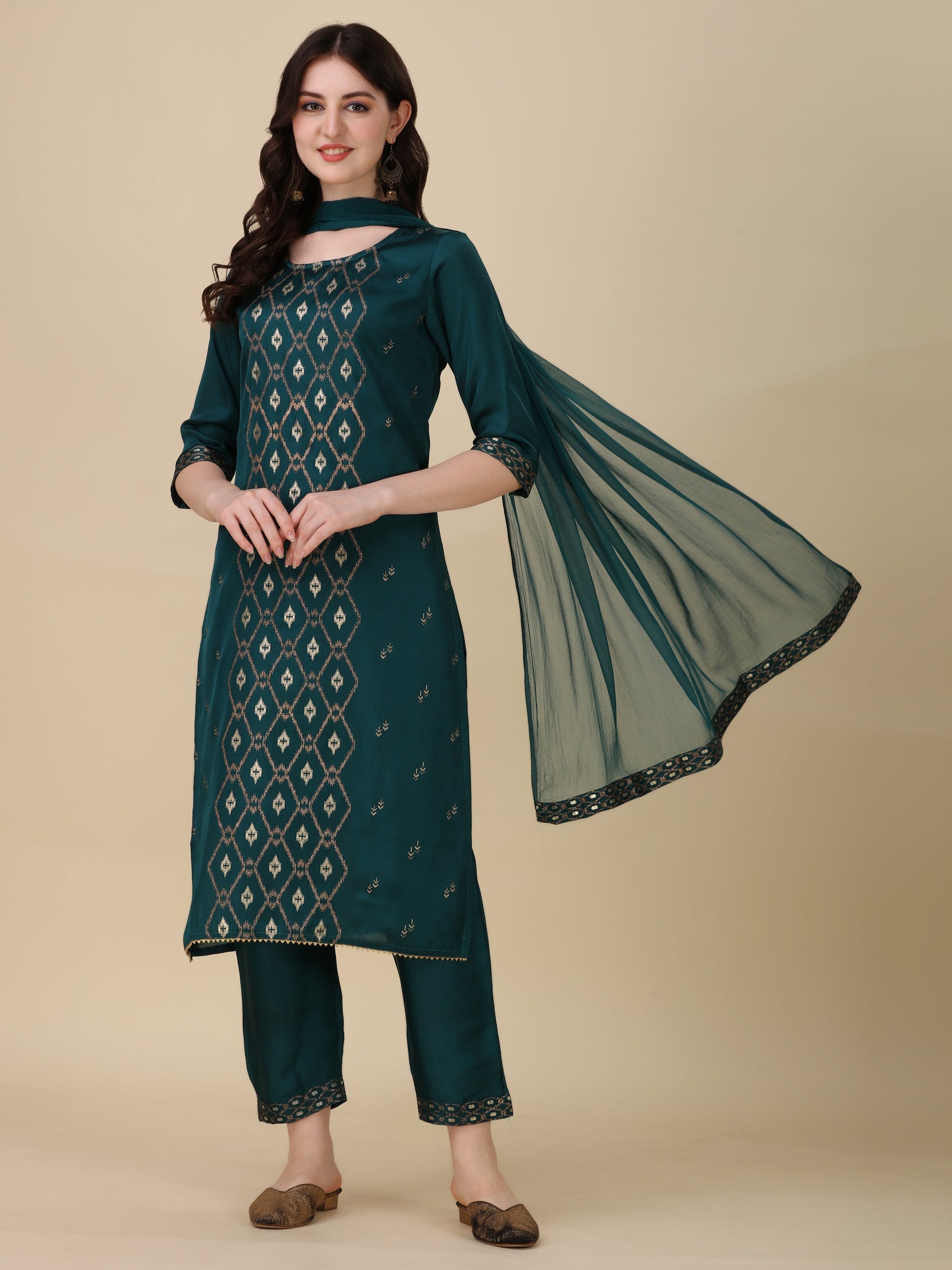 Foil Printed Kurta With Pant And Dupatta Set, Multicolor - Hiral Fashion