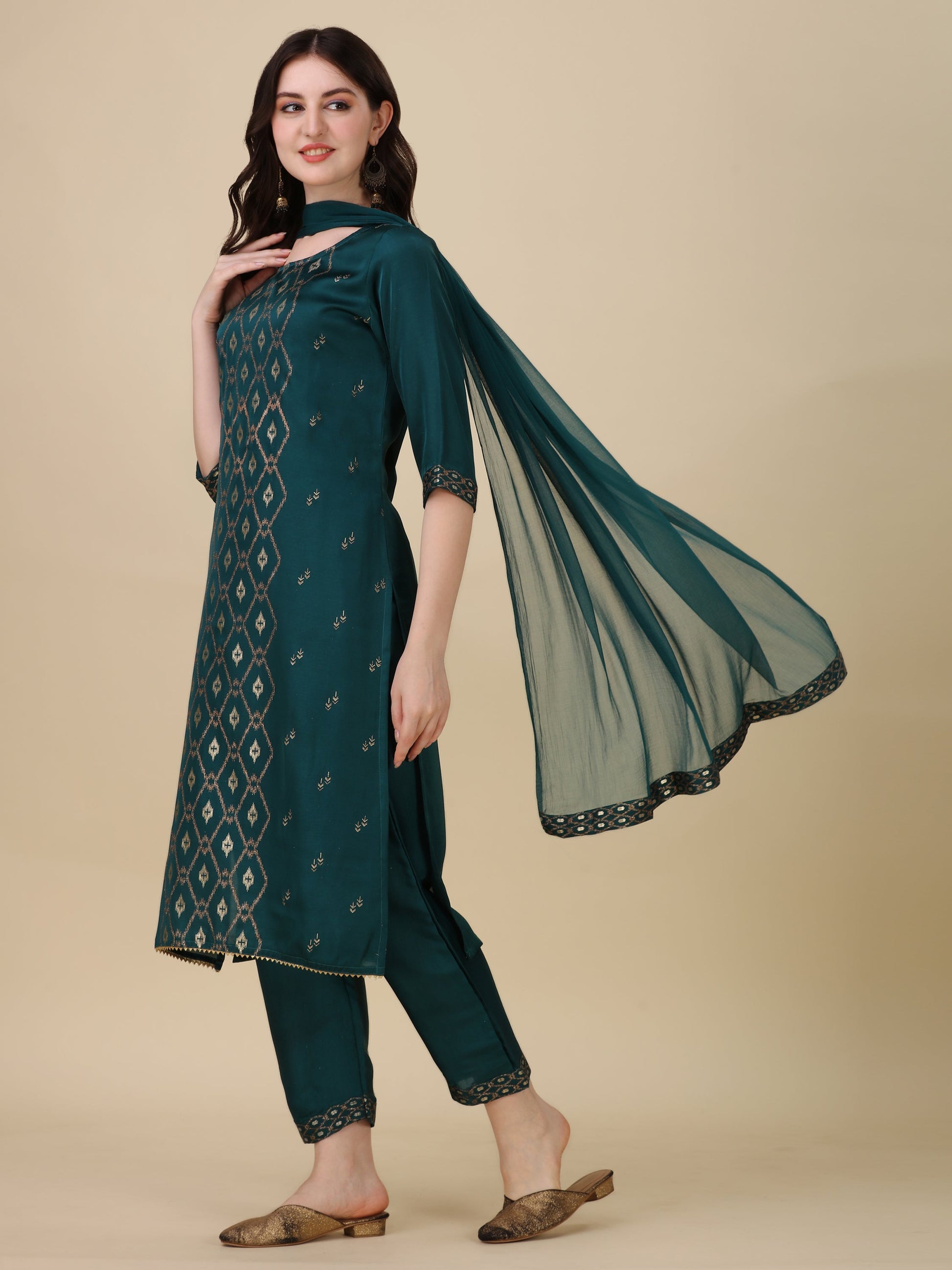 Foil Printed Kurta With Pant And Dupatta Set, Multicolor - Hiral Fashion