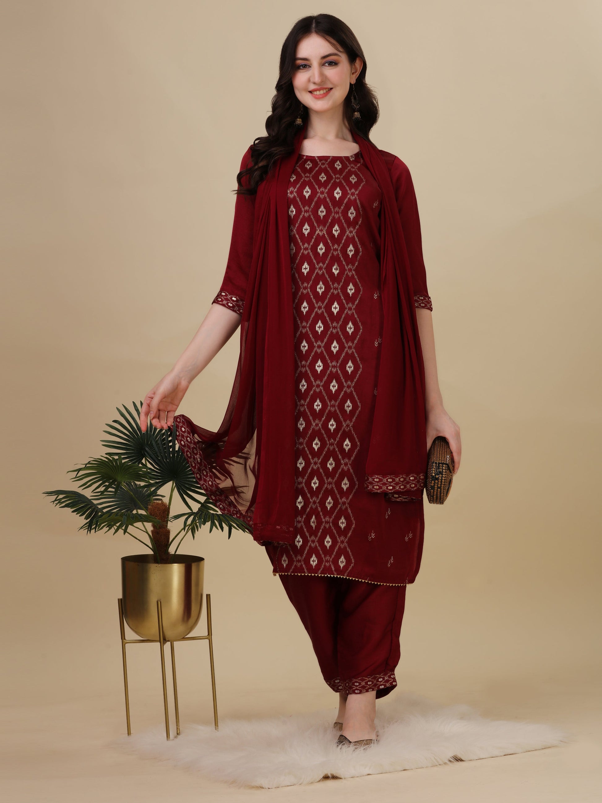 Foil Printed Kurta With Pant And Dupatta Set, Multicolor - Hiral Fashion