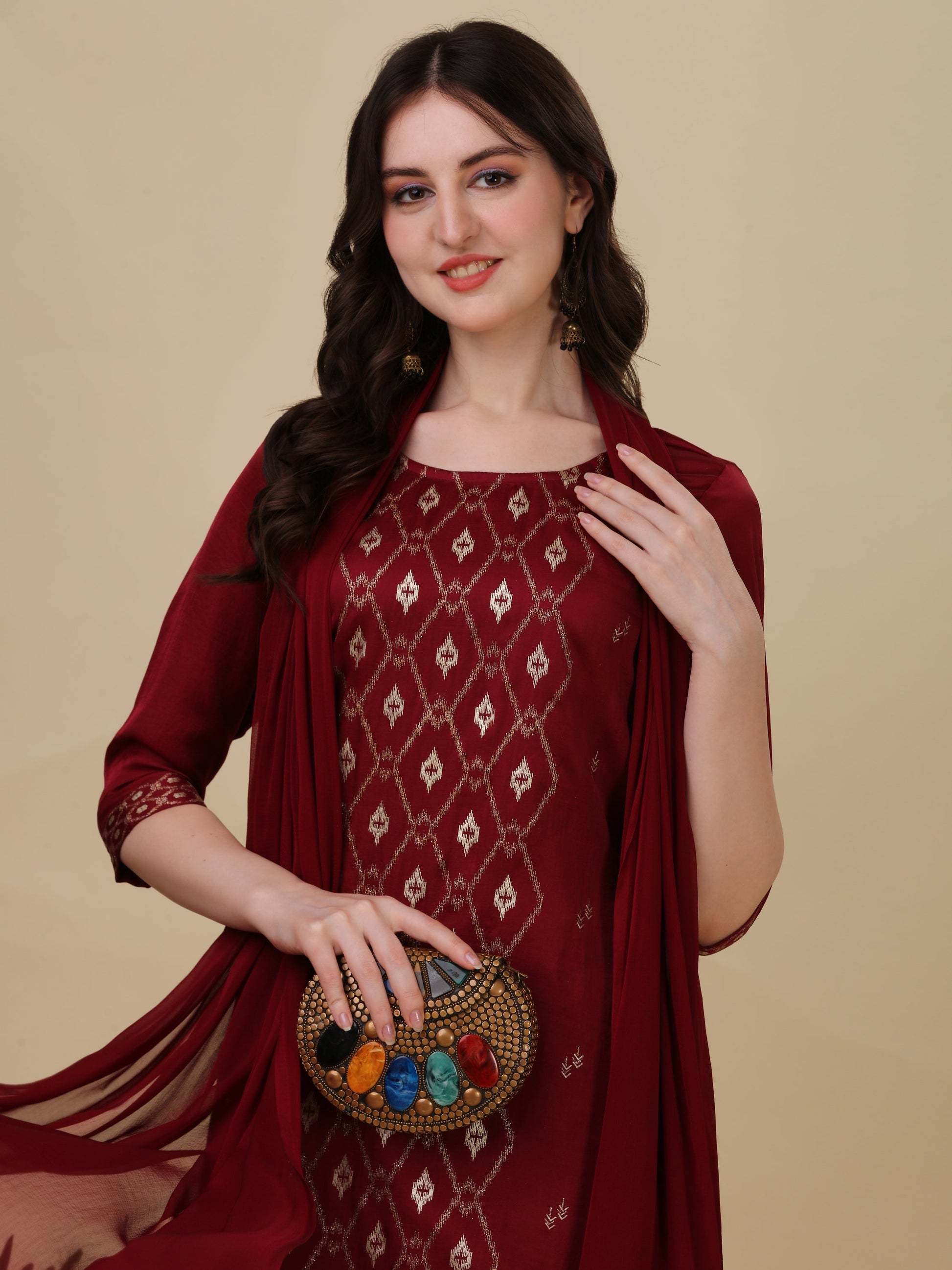 Foil Printed Kurta With Pant And Dupatta Set, Multicolor - Hiral Fashion