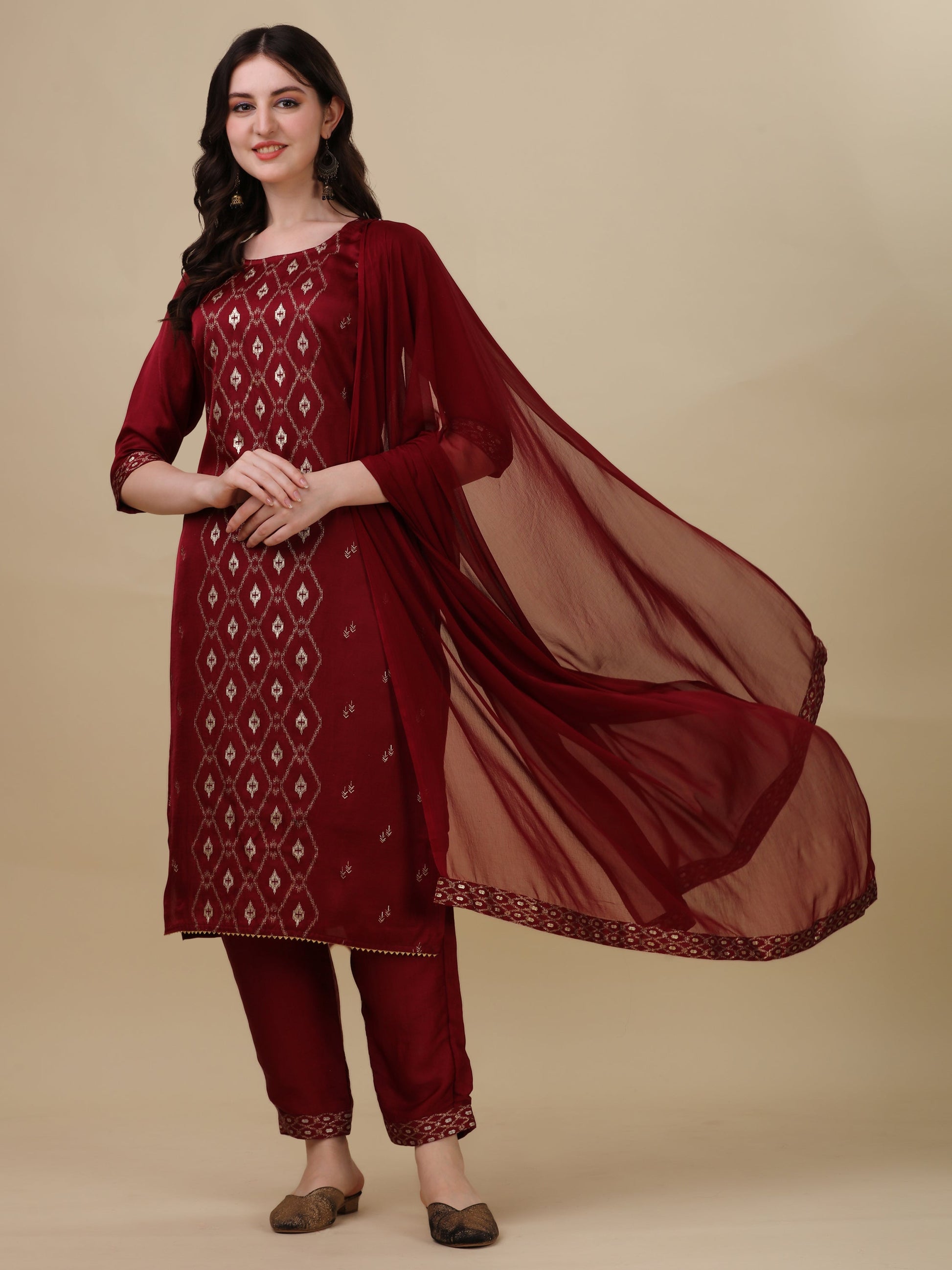 Foil Printed Kurta With Pant And Dupatta Set, Multicolor - Hiral Fashion