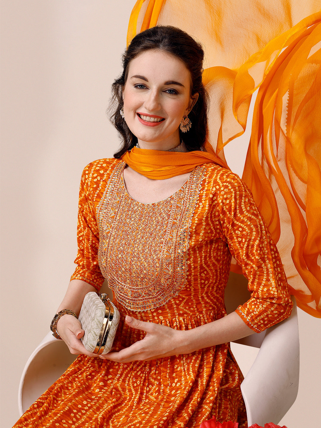 Bandhani Printed & Embroidered Kurta With Pant & Dupatta Set, Multicolor - Hiral Fashion