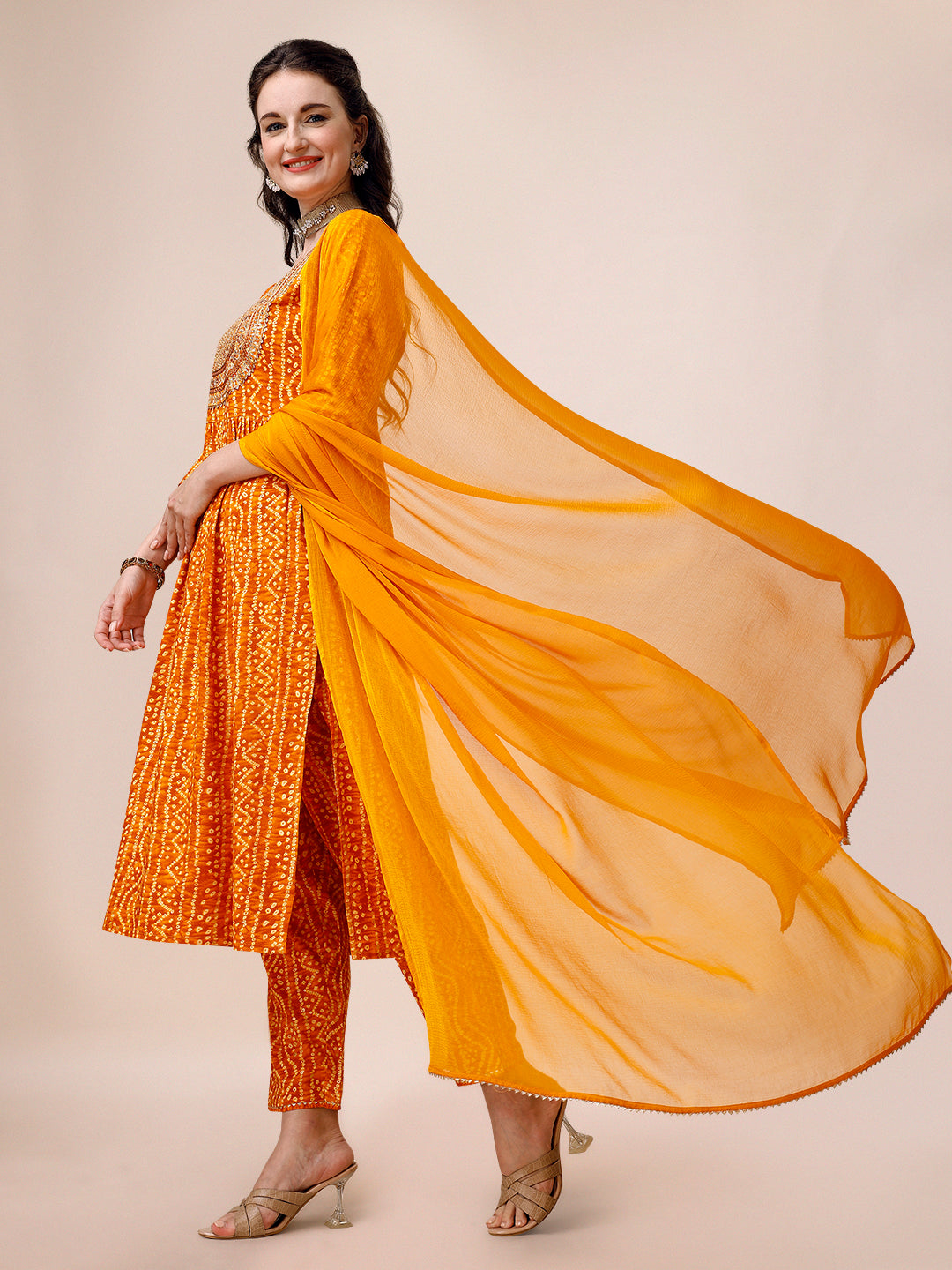 Bandhani Printed & Embroidered Kurta With Pant & Dupatta Set, Multicolor - Hiral Fashion
