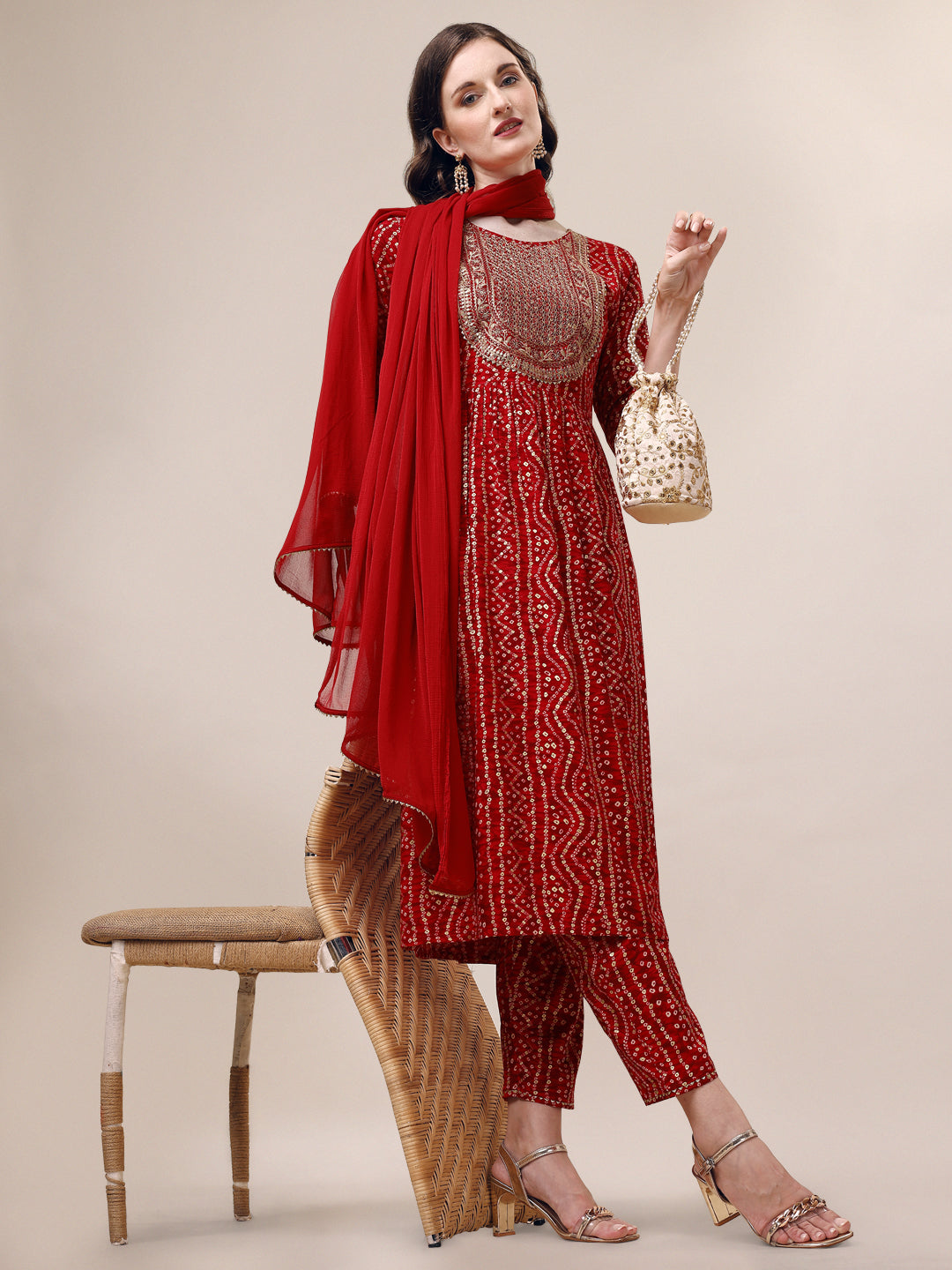 Bandhani Printed & Embroidered Kurta With Pant & Dupatta Set, Multicolor - Hiral Fashion