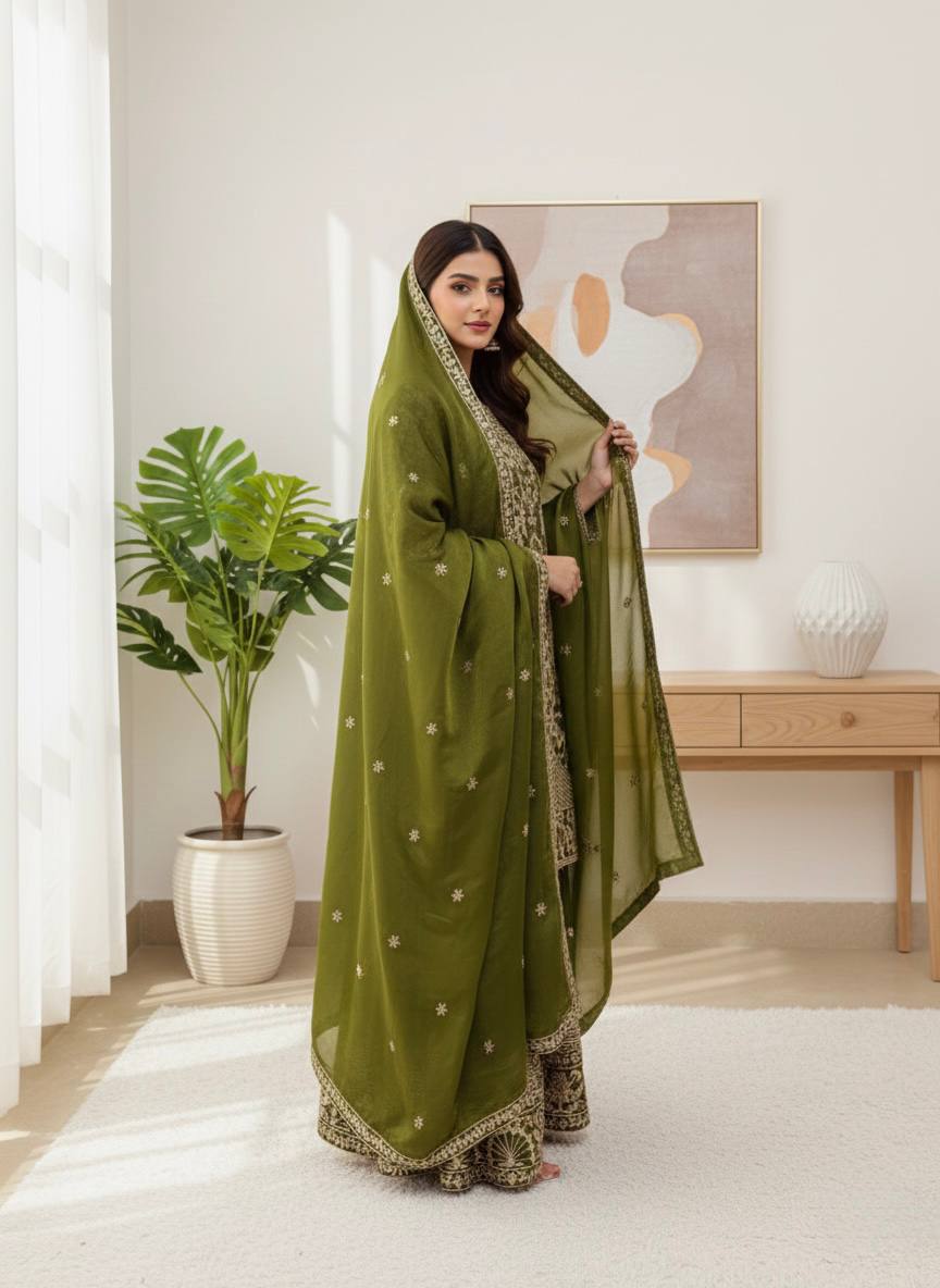 Prazu Fashion Mahendi Jimmy Silk Sequin Embroidered Sharara Suit
