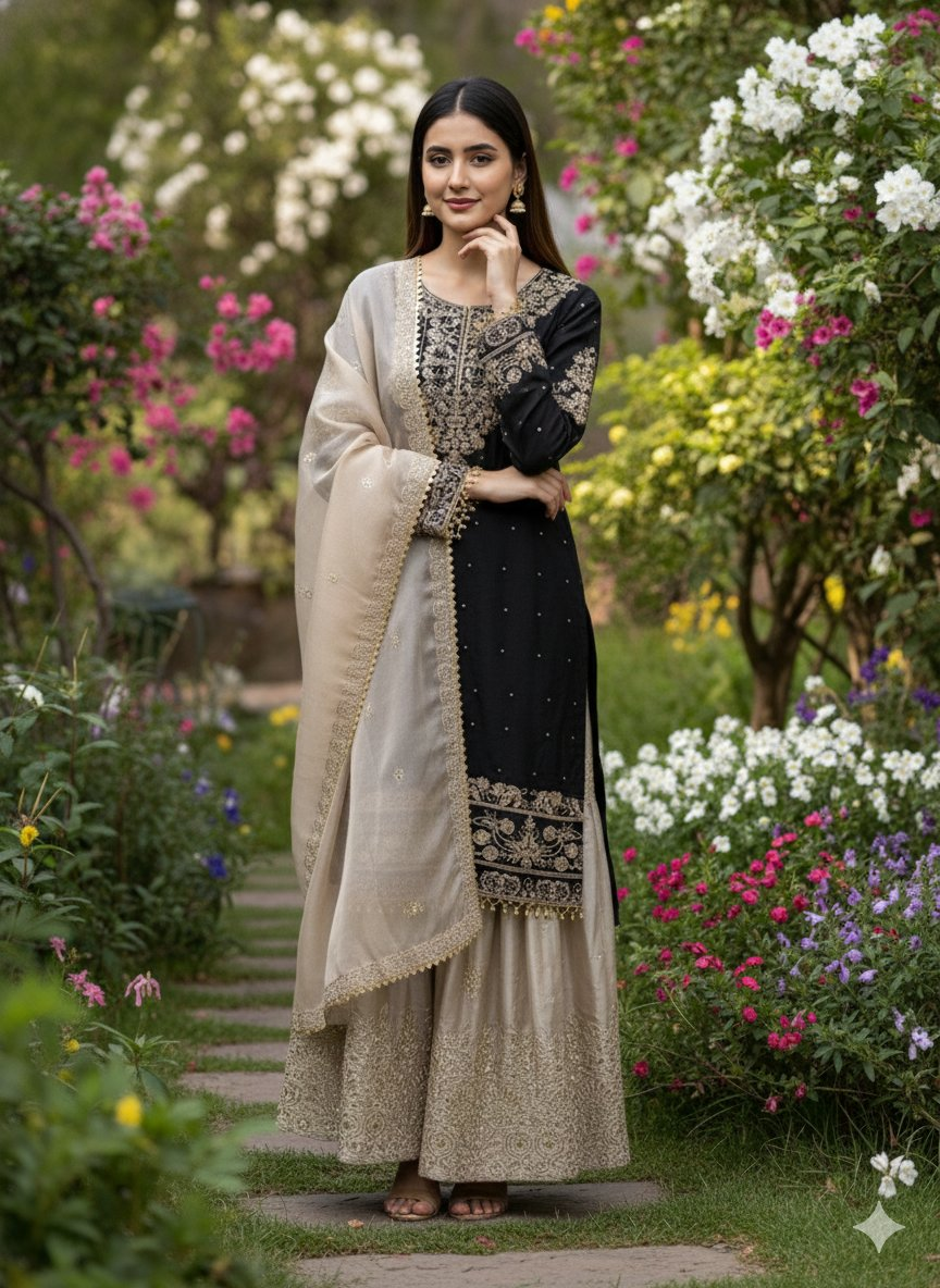 Prazu Fashion Black Jimmy Silk Embroidery Dori Sequence Palazzo Suit