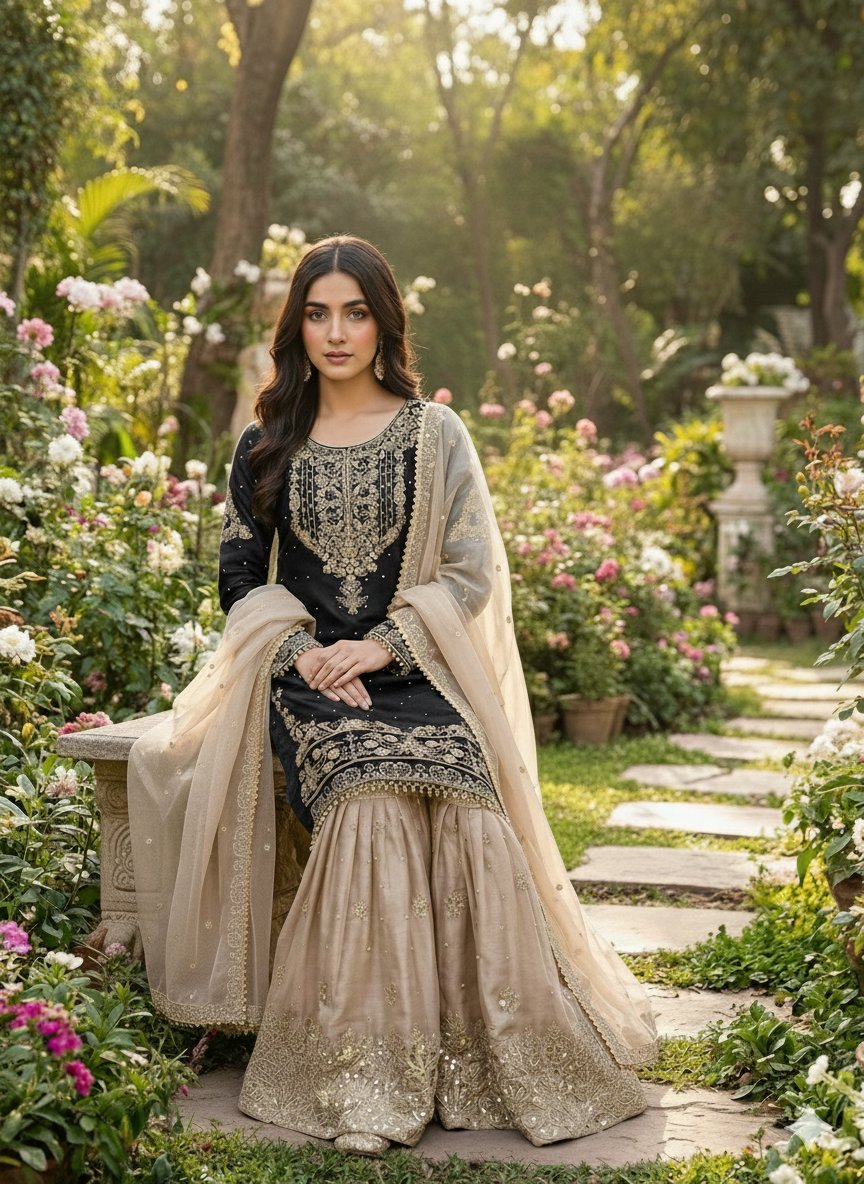 Prazu Fashion Black Jimmy Silk Embroidery Dori Sequence Palazzo Suit