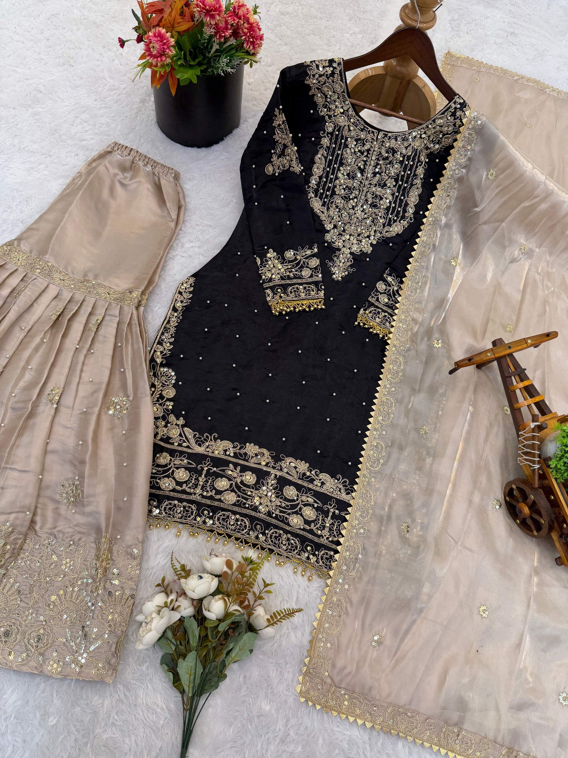 Prazu Fashion Black Jimmy Silk Embroidery Dori Sequence Palazzo Suit