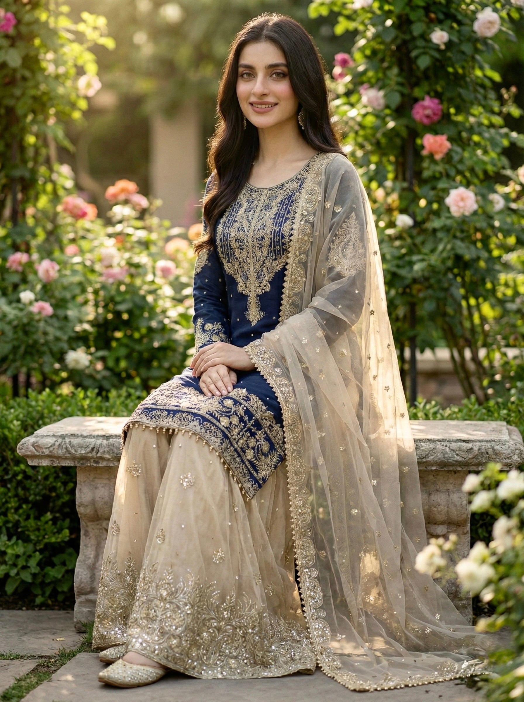 Prazu Fashion Blue Jimmy Silk Embroidery Dori Sequence Palazzo Suit