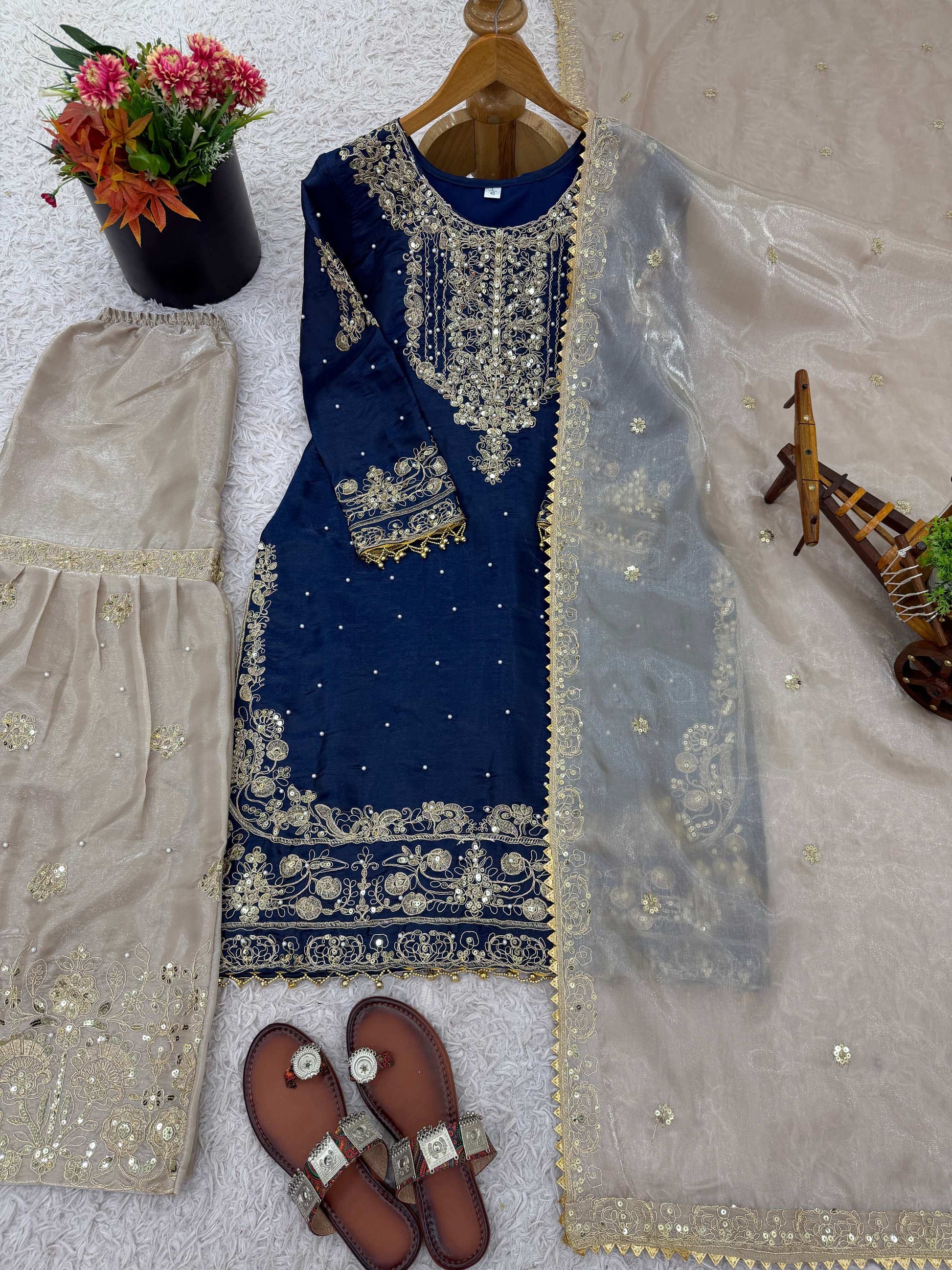 Prazu Fashion Blue Jimmy Silk Embroidery Dori Sequence Palazzo Suit