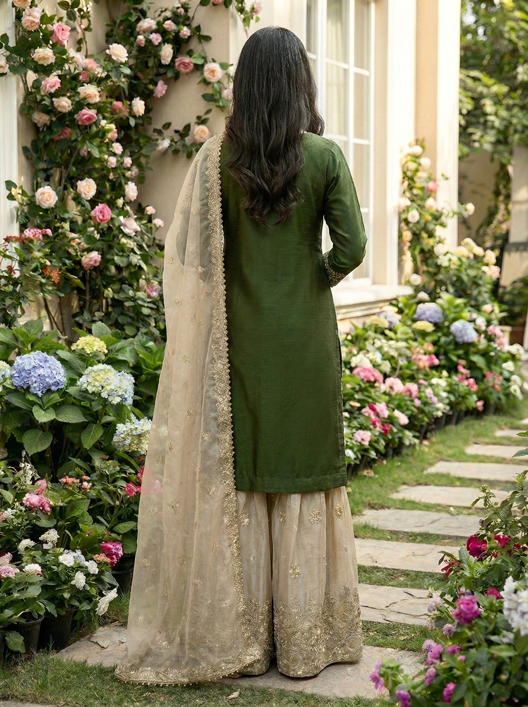 Prazu Fashion Green Jimmy Silk Embroidery Dori Sequence Palazzo Suit