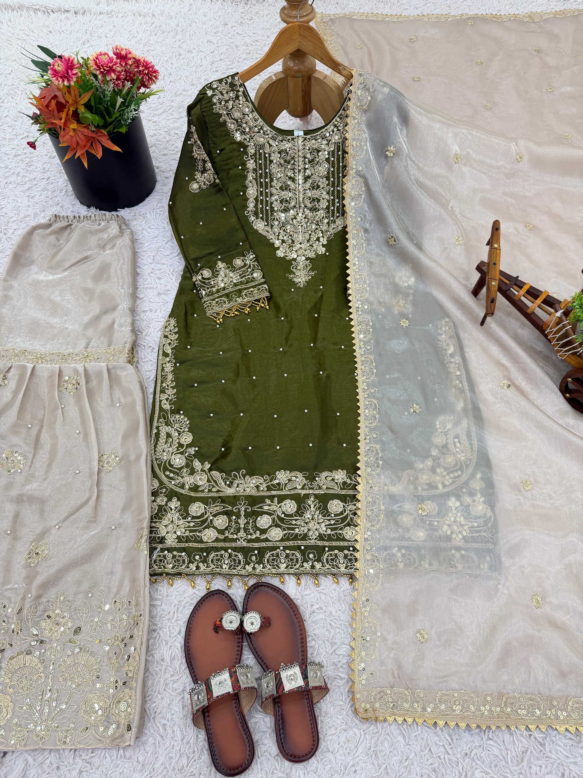 Prazu Fashion Green Jimmy Silk Embroidery Dori Sequence Palazzo Suit