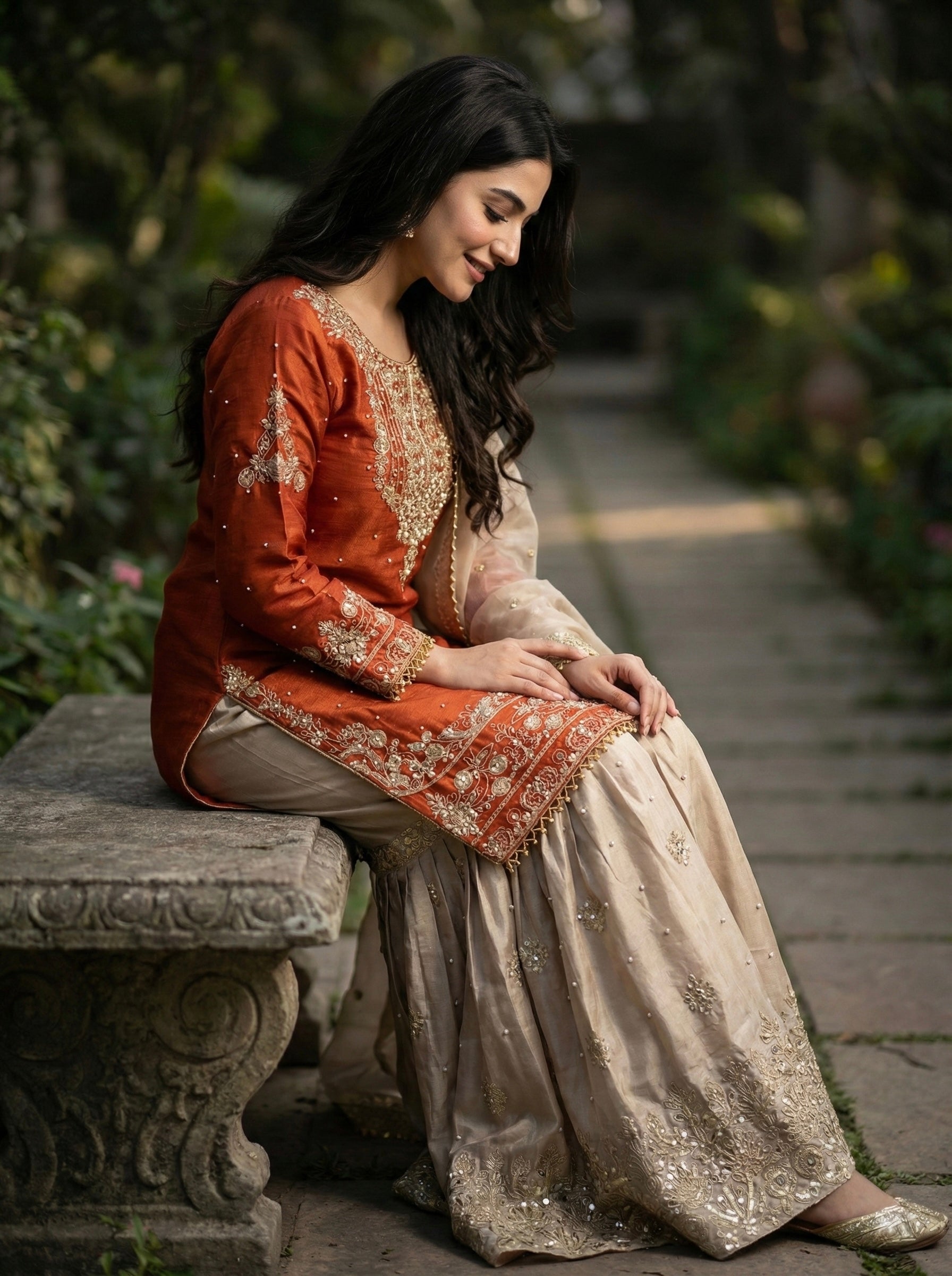 Prazu Fashion Orange Jimmy Silk Embroidery Dori Sequence Palazzo Suit