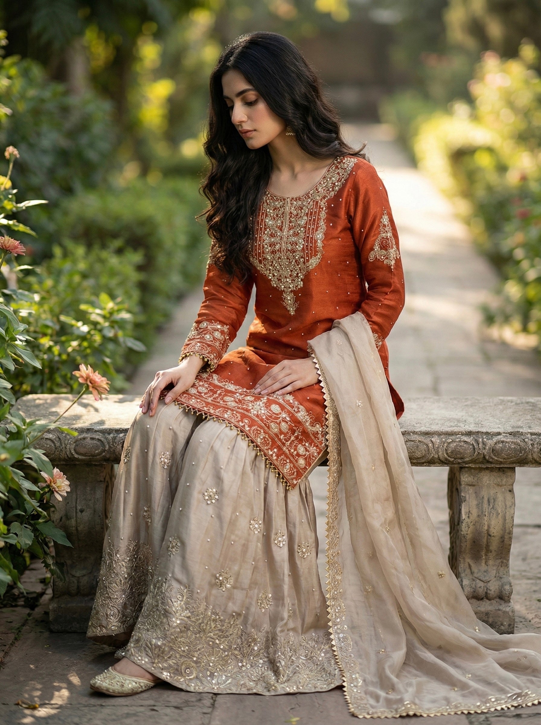 Prazu Fashion Orange Jimmy Silk Embroidery Dori Sequence Palazzo Suit