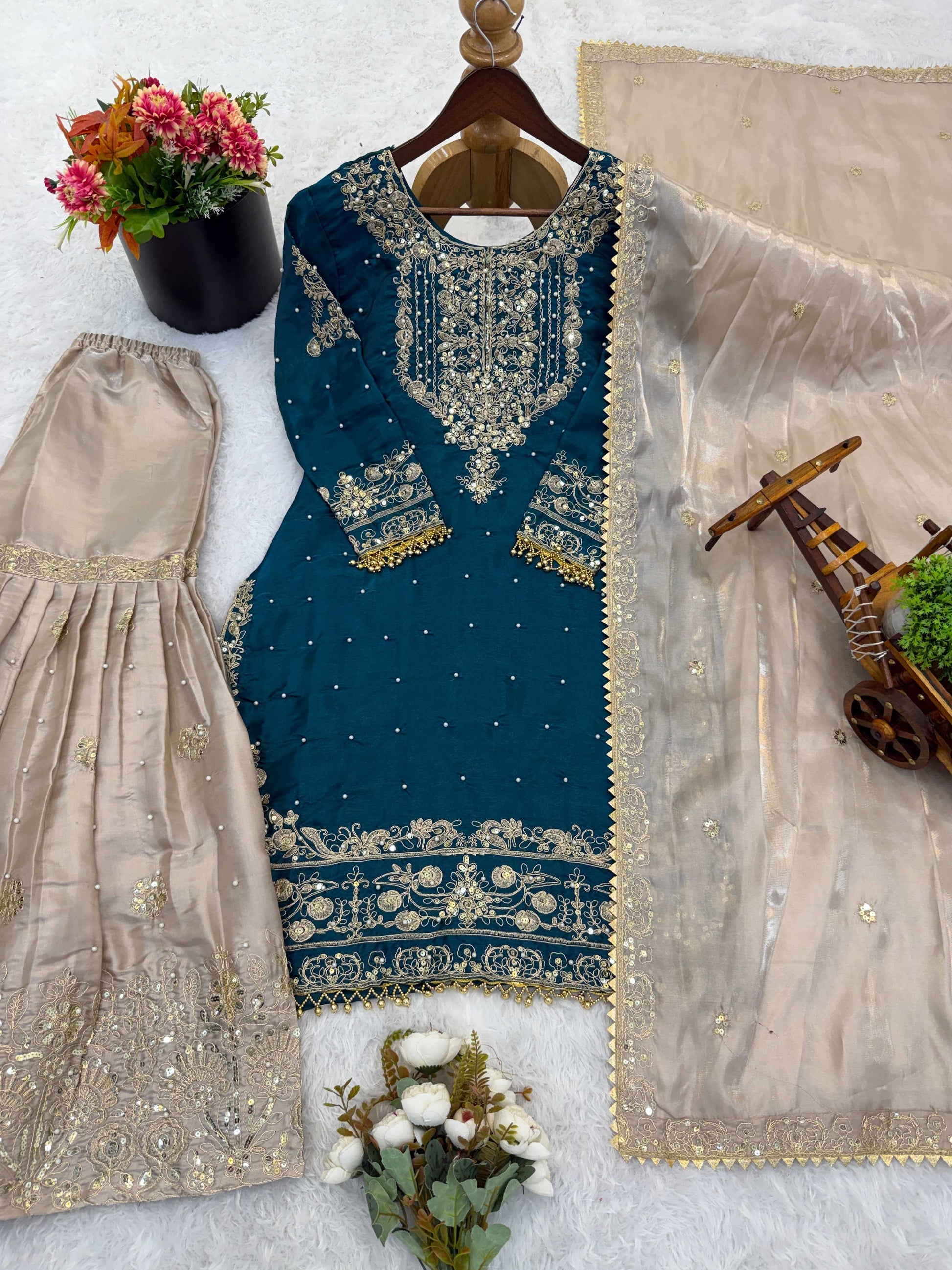 Prazu Fashion Rama Jimmy Silk Embroidery Dori Sequence Palazzo Suit