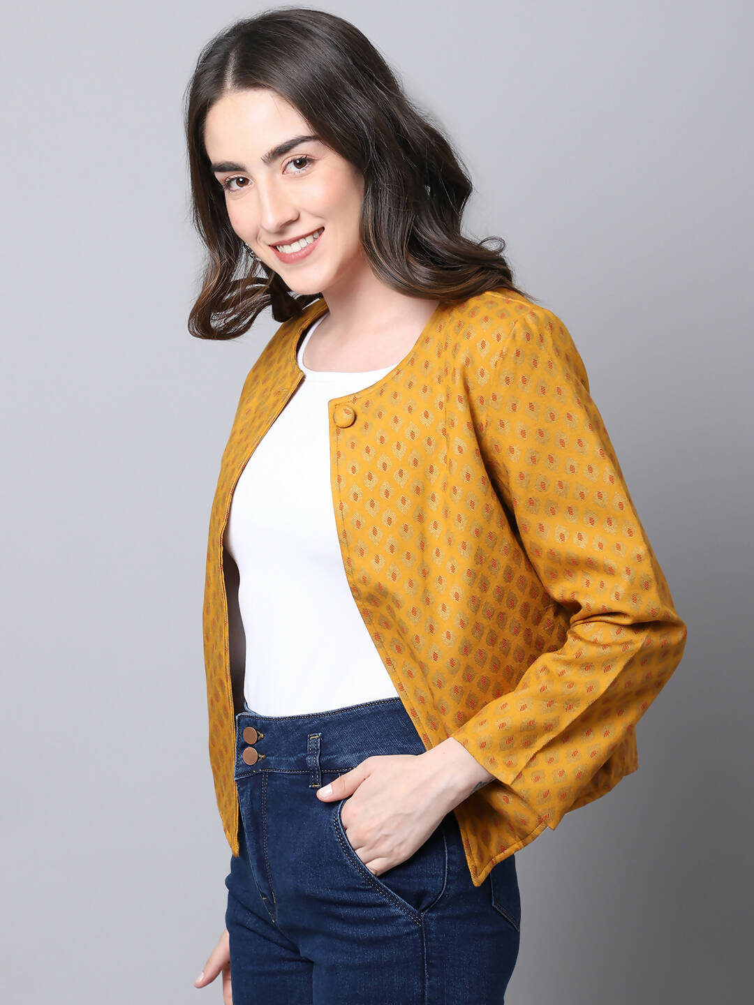 Even Apparels Yellow 100% Viscose Open Front Statement Women's Jacket 