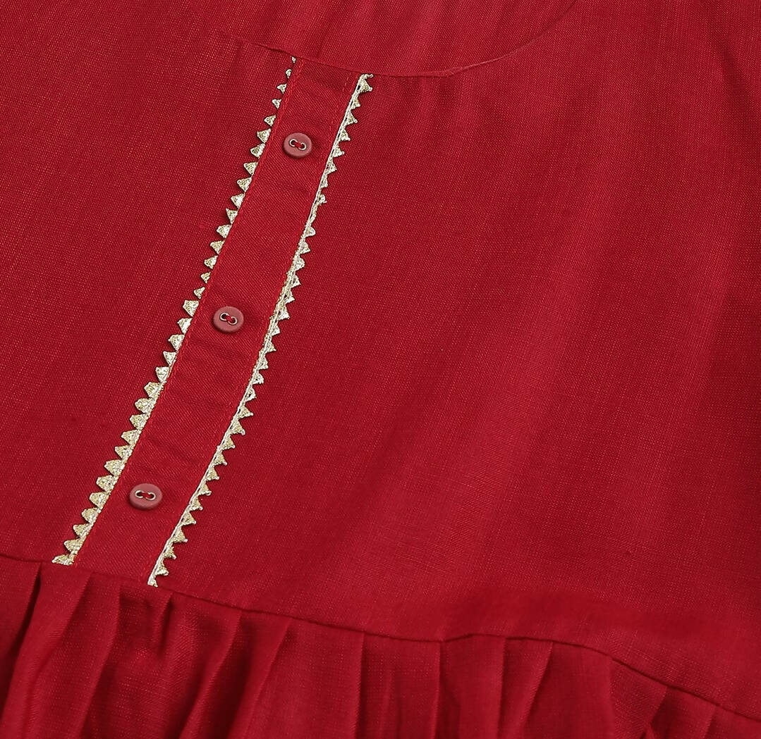 Red Poly Cotton Solid Nayra Cut Kurta - Tirtha