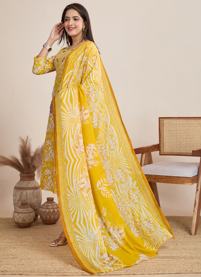 Prazu Fashion Yellow Printed Cotton Blend Festival Wear Salwar Suit