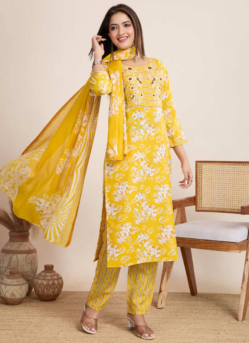Prazu Fashion Yellow Printed Cotton Blend Festival Wear Salwar Suit