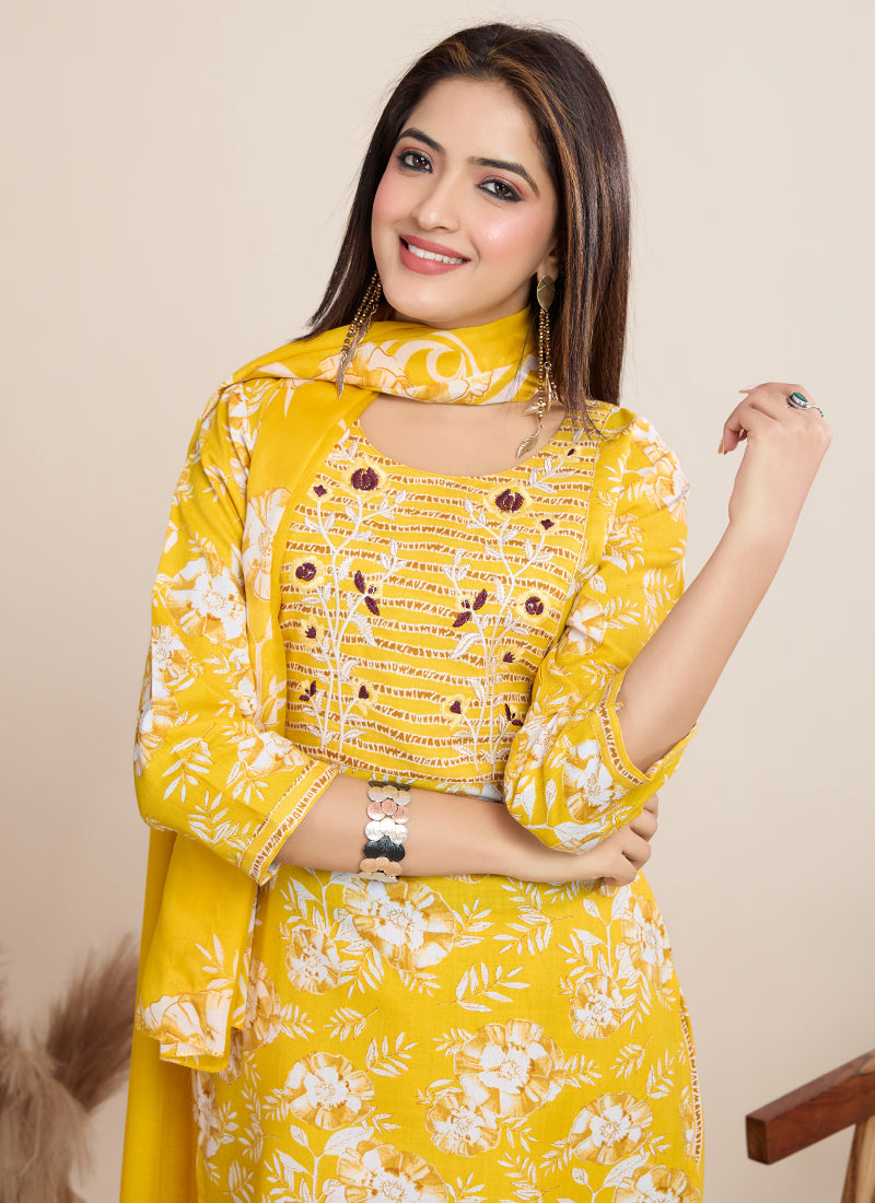 Prazu Fashion Yellow Printed Cotton Blend Festival Wear Salwar Suit