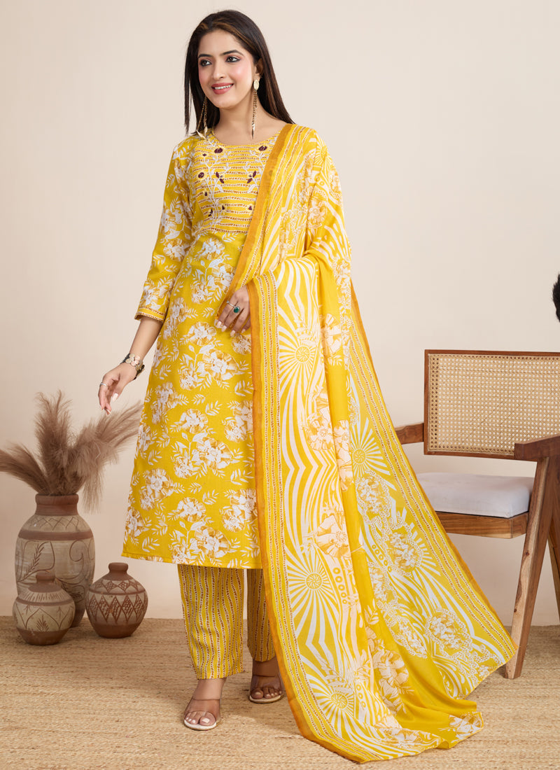 Prazu Fashion Yellow Printed Cotton Blend Festival Wear Salwar Suit