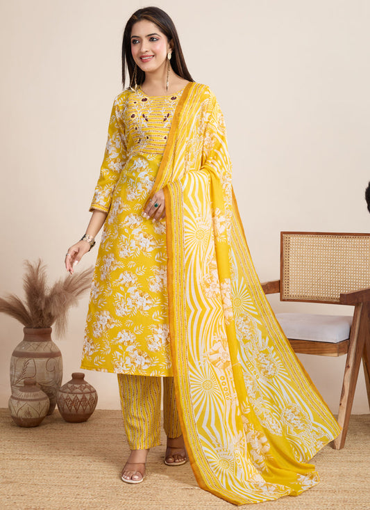 Prazu Fashion Yellow Printed Cotton Blend Festival Wear Salwar Suit