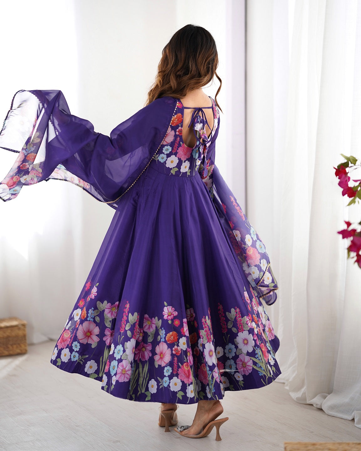 Evanik Purple Soft Organza Silk With Floral Print Fully Flared Anarkali Pant With Dupatta Set