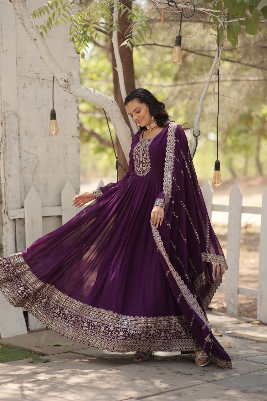 Evanik Purple Faux Blooming Gown with Dupatta With Attractive Embroidered Sequins work