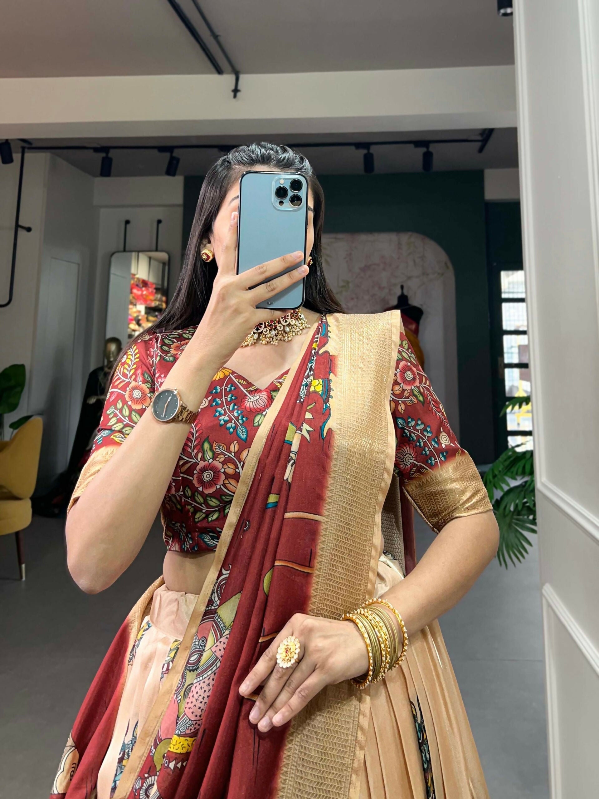Vastranavya Kalamkari Print With Weaving Border Lehenga with Unstitched Blouse - Cream  Grab2Buy Vastranavya Grab2Buy