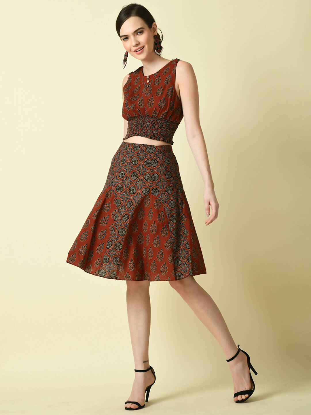 Myshka Women's Rust Round Neck Top With Skirt