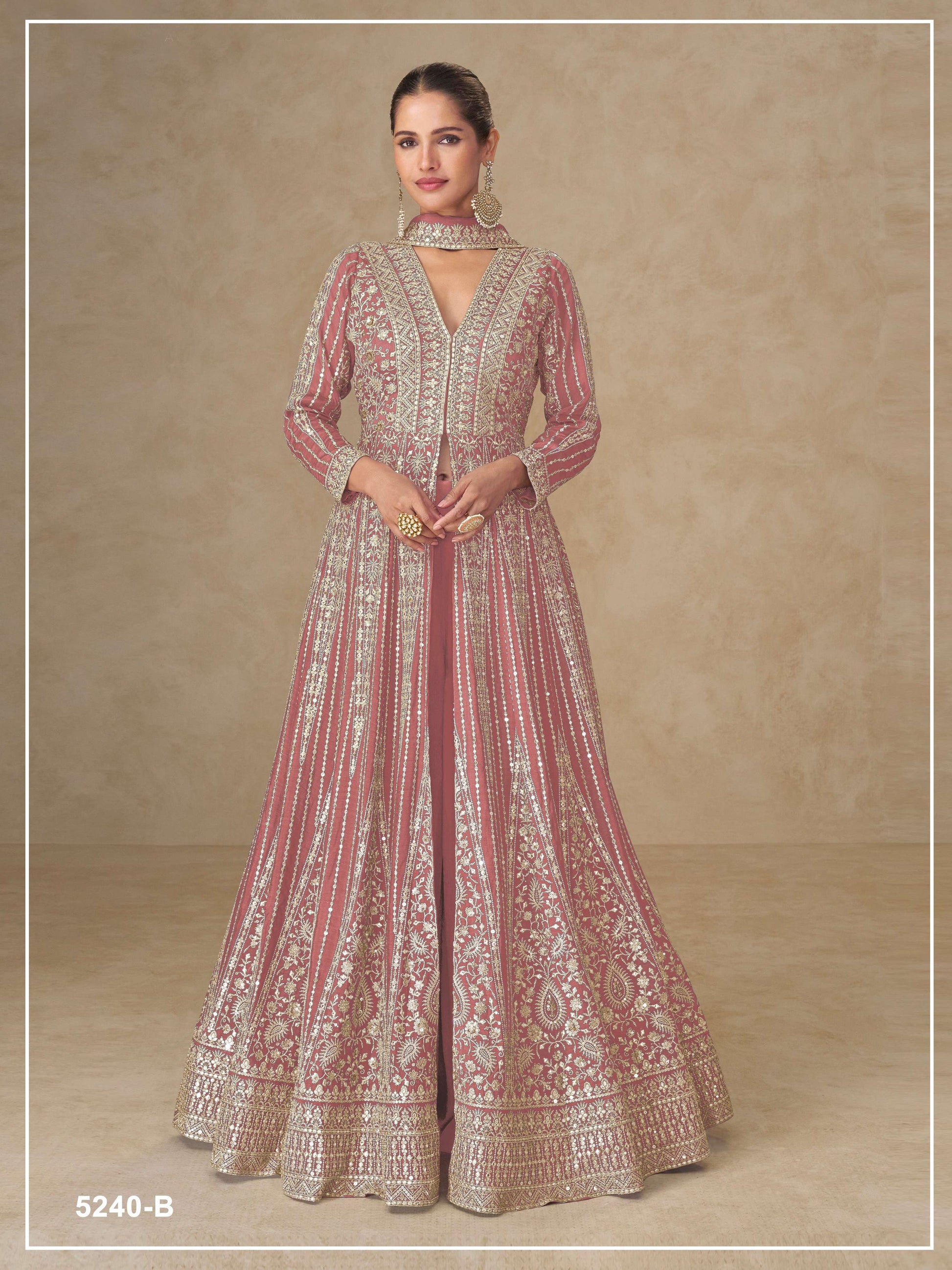 Teeya Creation Peach Color Chinon Silk Heavy Embroidery Work Party Wear Long Gown