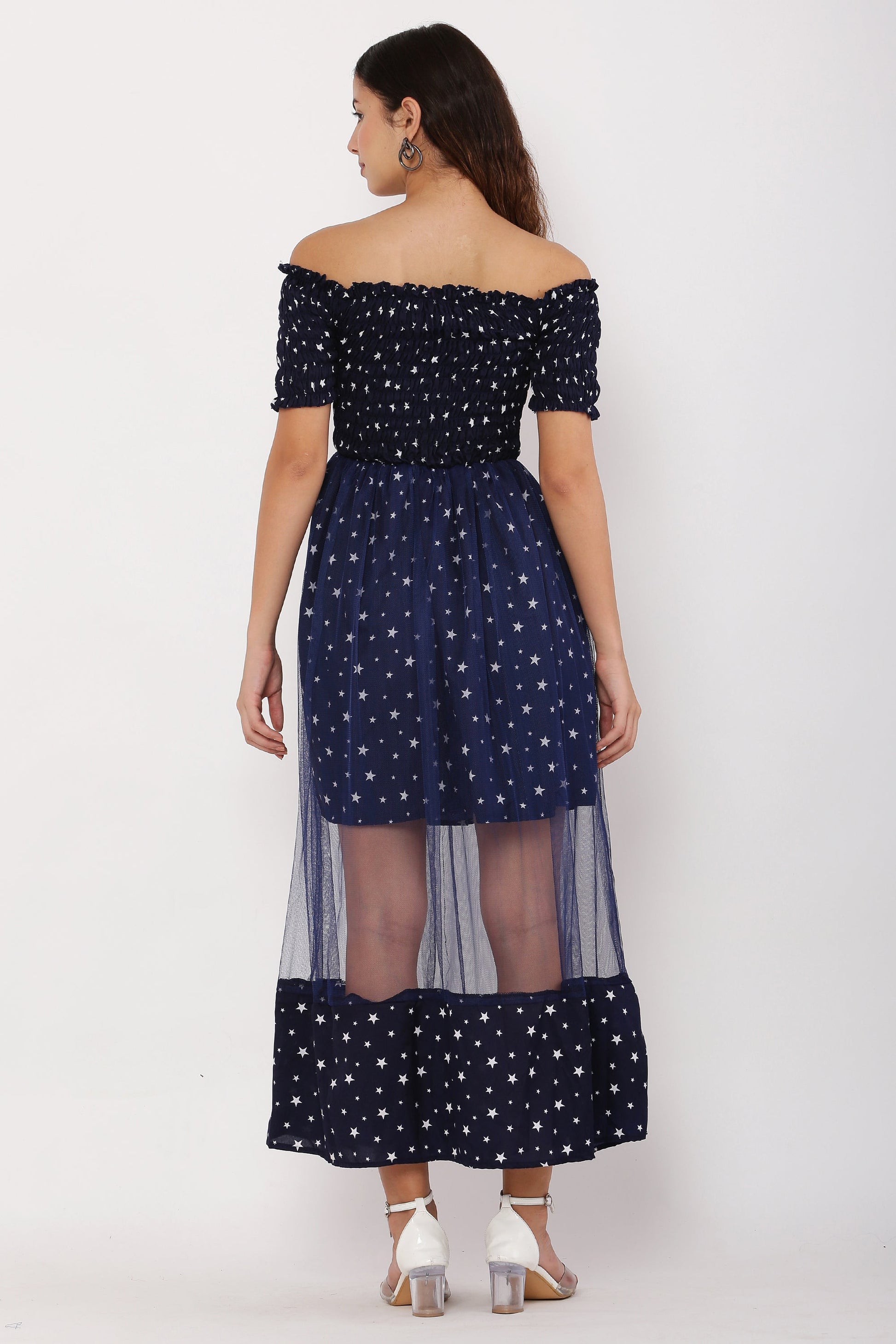 PAVONINE Navy Blue Color Star Dot Net Kansai Dress For Women