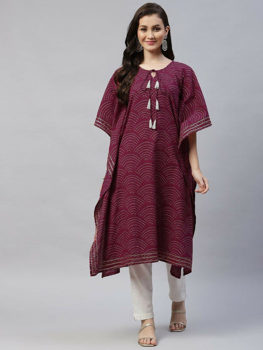 Miravan Women's Floral Printed Cotton Kaftan Kurta In Magenta