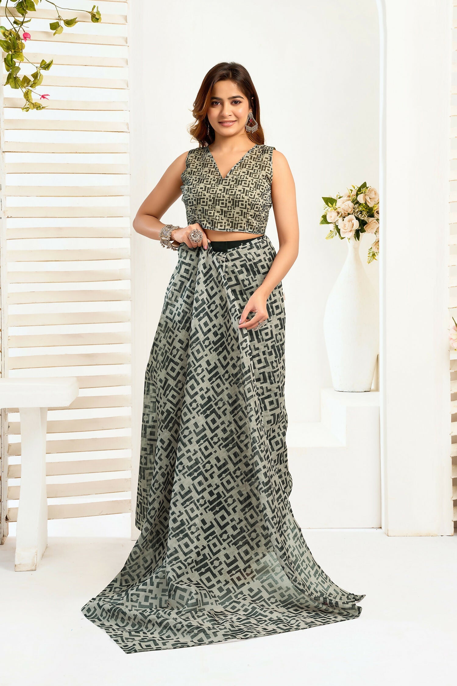 Joban Fashion Grey  Geomatric Color Block Linen Ready To Wear Saree With Unstitched Blouse