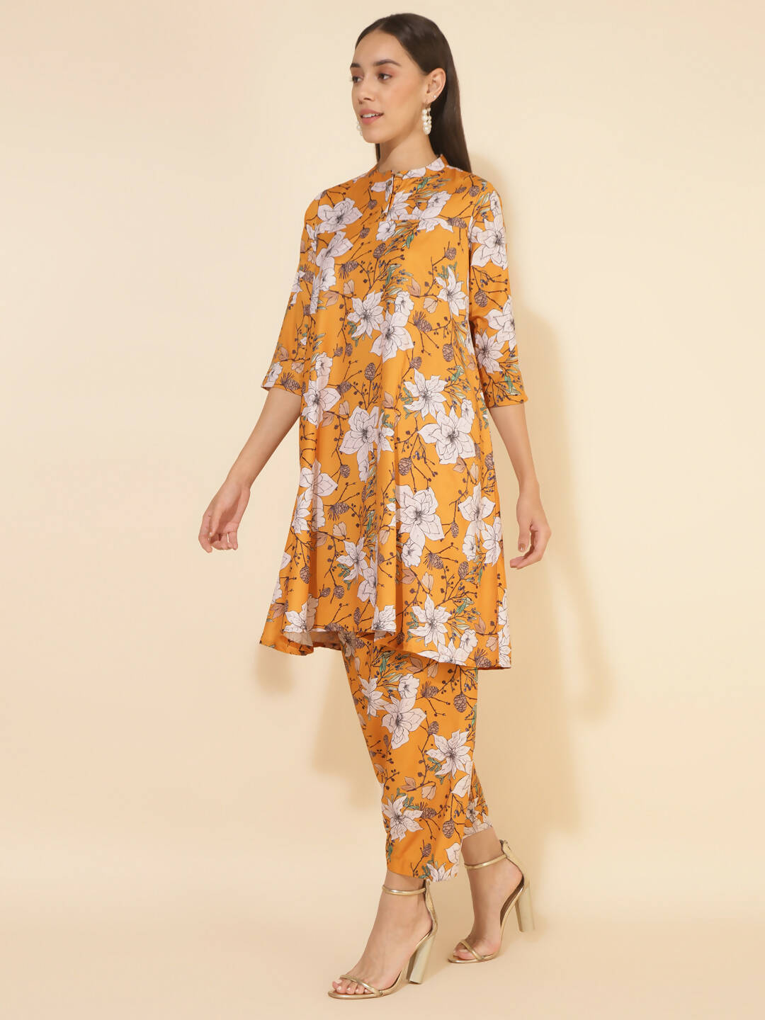 Janasya Women's Mustard Moss Digital Floral Printed Casual A-line Co-ords 