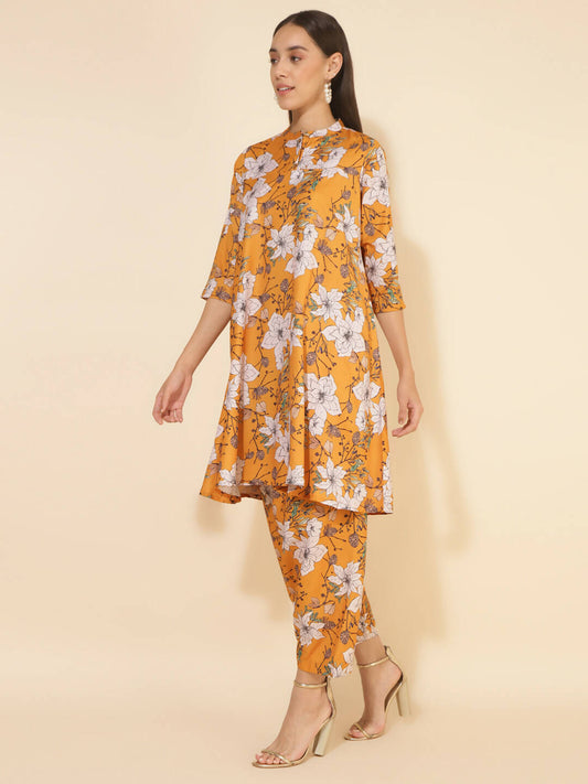 Janasya Women's Mustard Moss Digital Floral Printed Casual A-line Co-ords 