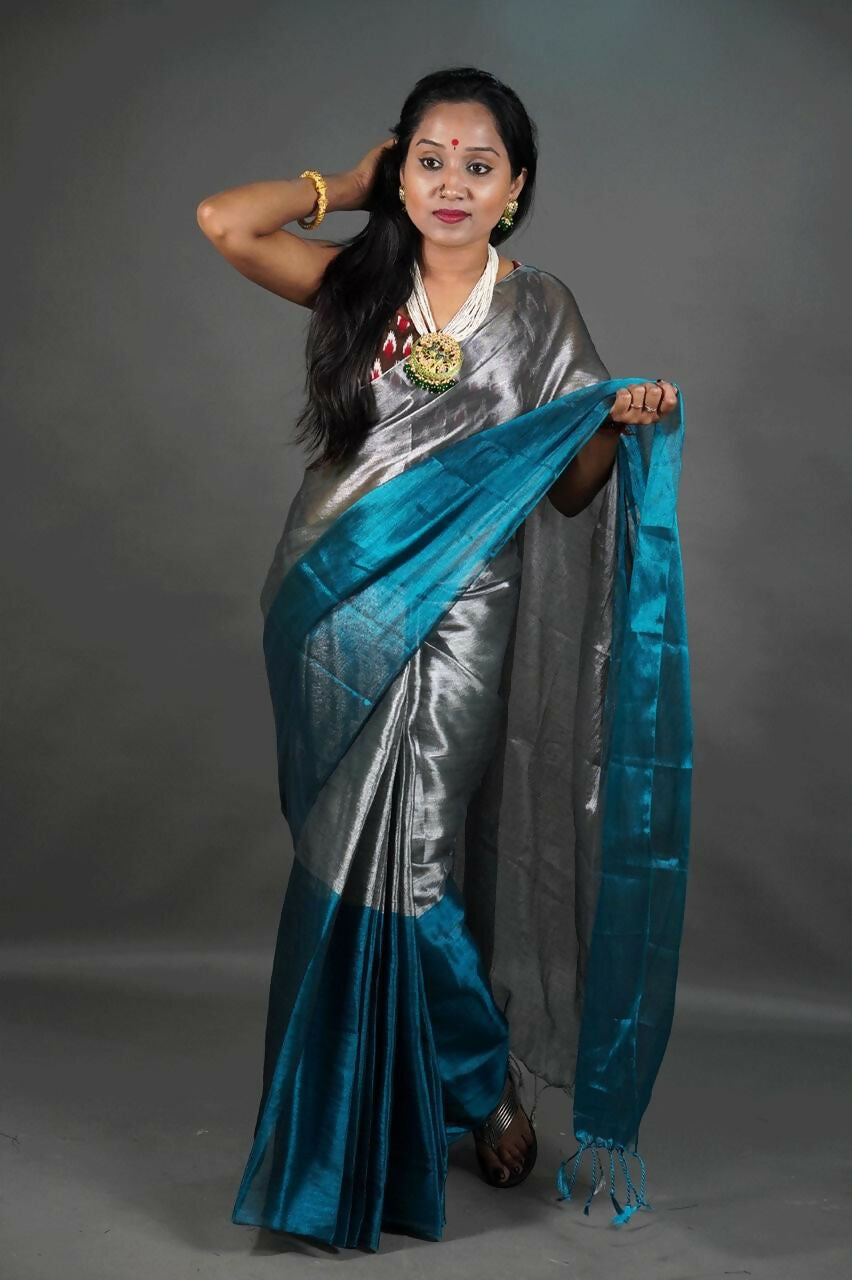 Exclusive Collection Beautiful Gray Green Tissue Silk Hand Weaving Handloom Grab2Buy With Running Blouse Piece 