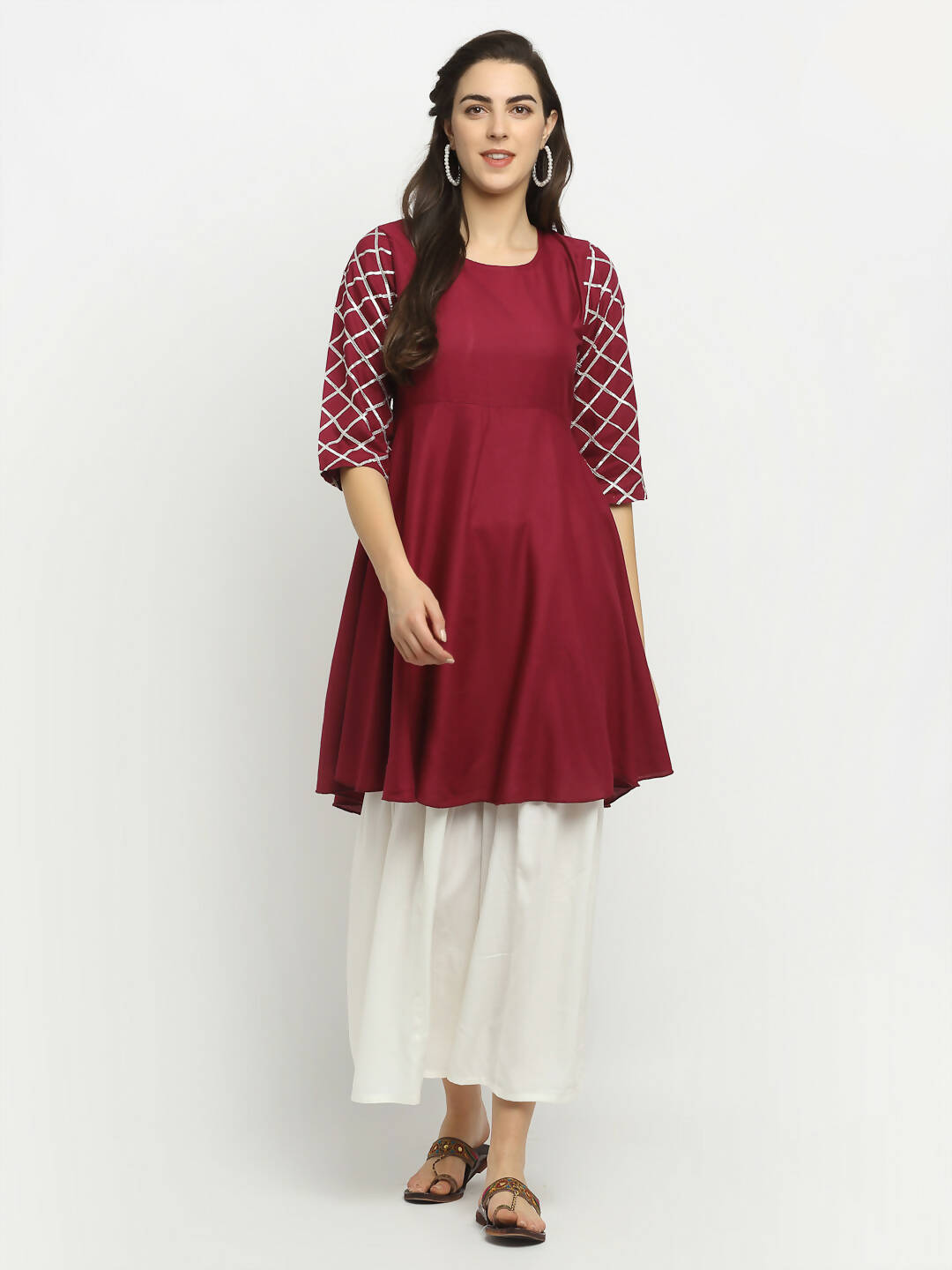 Rudra Bazaar Wine Lace Work Flared Kurti with Sharara