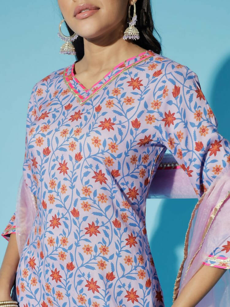 Myshka Women Lavender Printed Kurta & Trousers With Dupatta