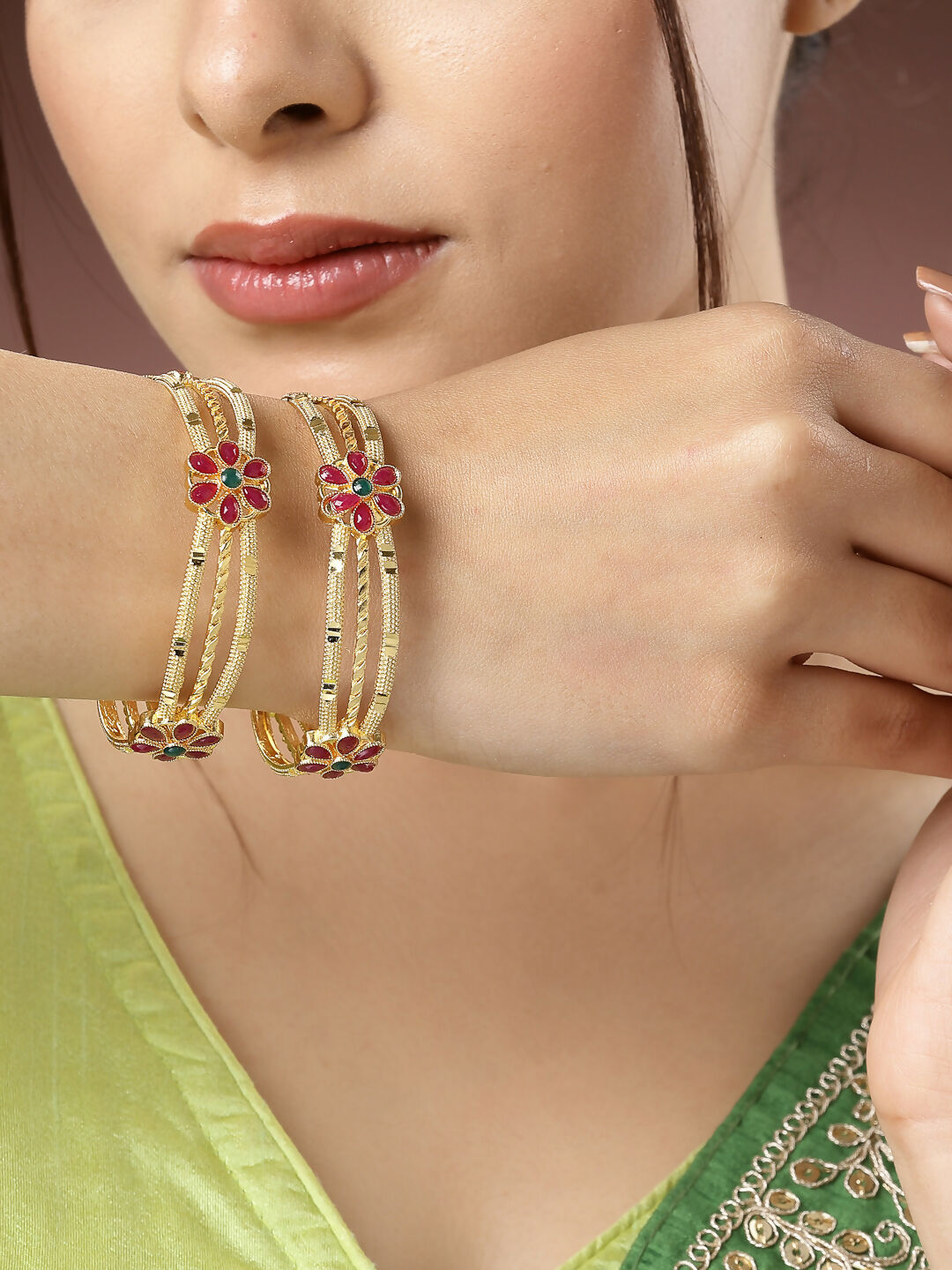 NVR Women's Set of 2 Gold-Polished Artificial Stones Handcrafted Traditional Bangles 
