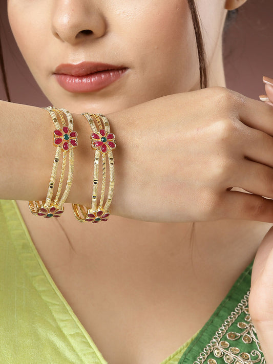 NVR Women's Set of 2 Gold-Polished Artificial Stones Handcrafted Traditional Bangles 