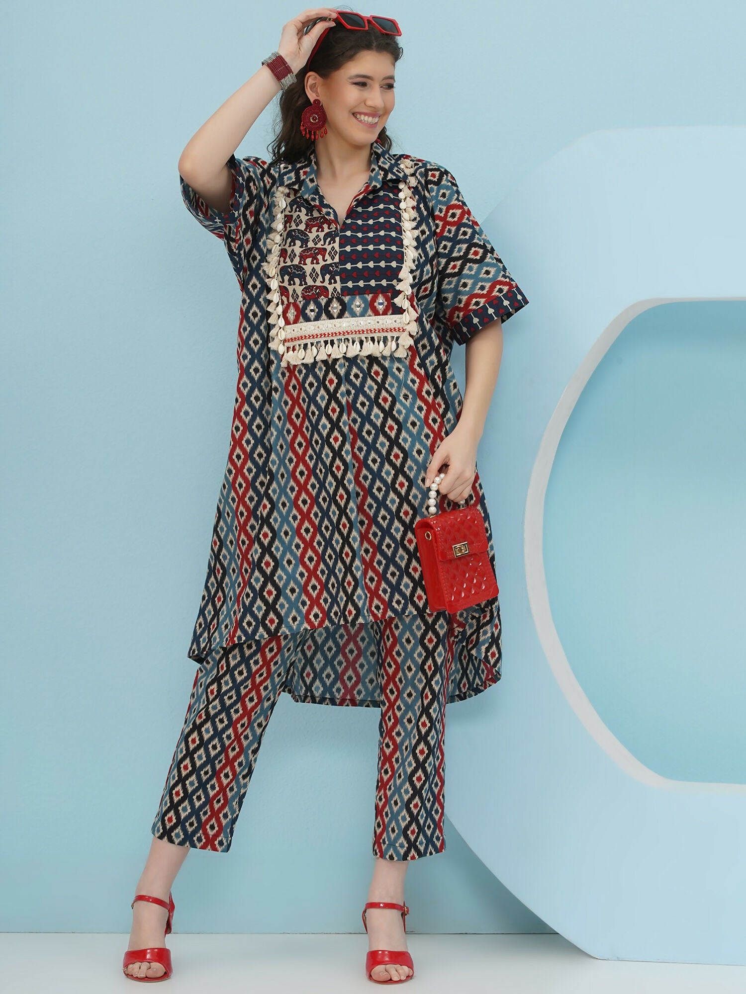 Joban Fashion Ikkat Kaftan Set - Blue Red