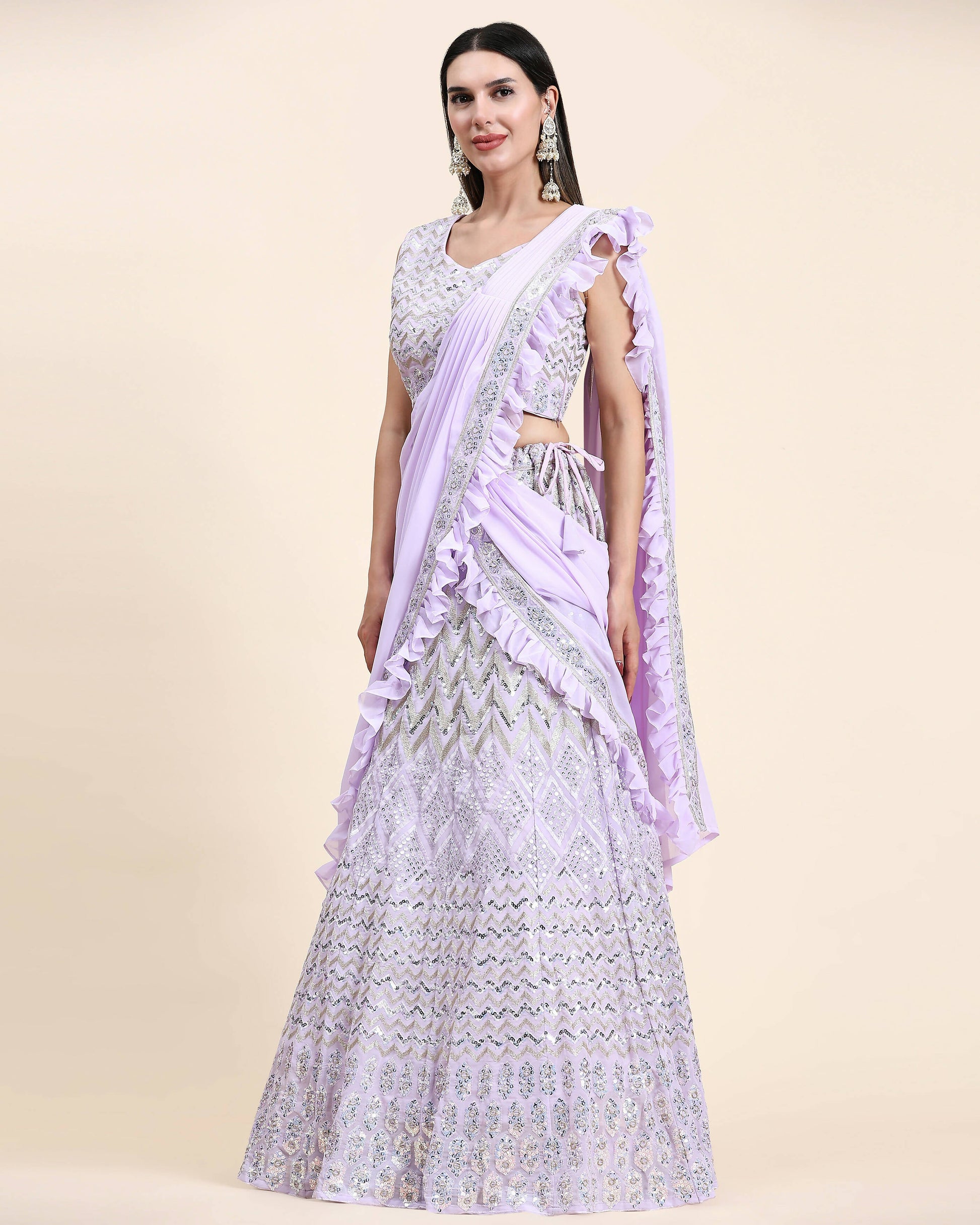 Lavender Pure Viscose Georgette Thread With Sequins Embroidery Work Lehenga Choli With Dupatta - Tanya