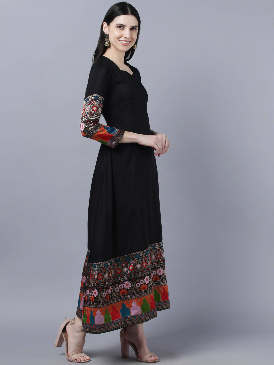 Myshka Women Black Embroidered Detail Anarkali Kurta With Dupatta