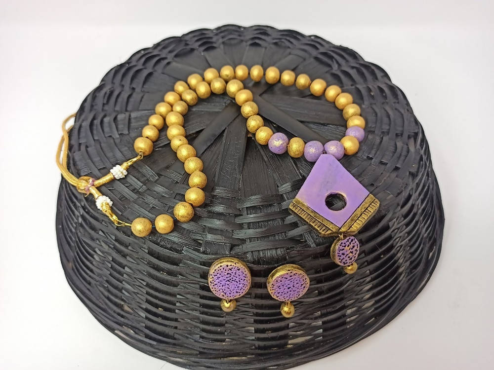 Terracotta Diamond Pendant Long Necklace Set With Studs-Lavender