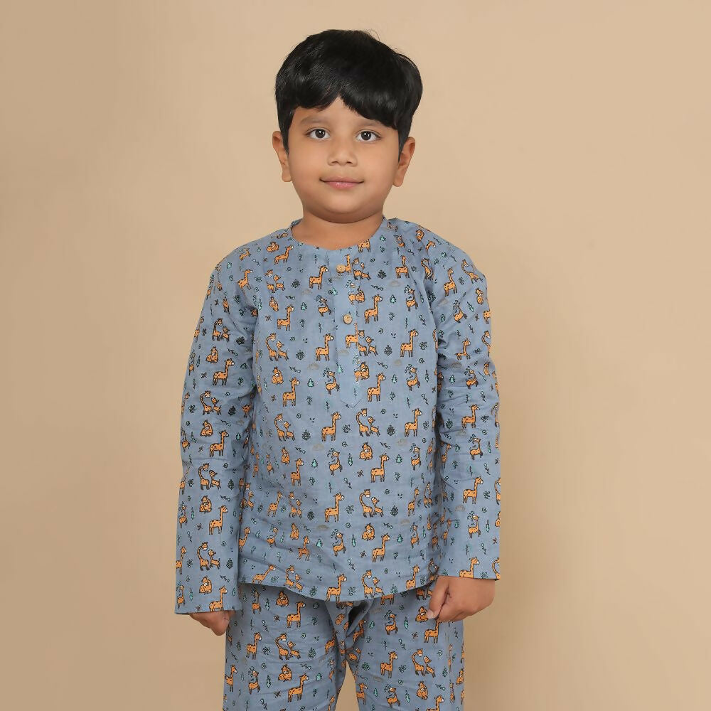 Breathables Kids Cotton Giraffe Print Night Suit | Kurta & Pants Co-Ord Set | Full Sleeves | Boys & Girls Nightwear & Loungewear – Grey
