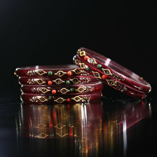 Afast Designer Fancy Party Bangle/ Kada Set, Maroon, Glass, Pack Of 8 - Grab2buy